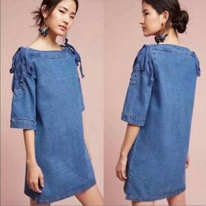 ANTHROPOLOGIE | MAEVE Denim Open Shoulder Tie Shift Dress Women’s Size Medium